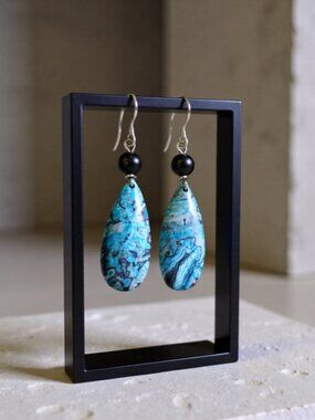 Blue & Gray Crazy Lace Agate ~ Elongated Teardrop Earrings ~ Modern Casual Chic